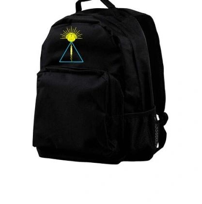 A black backpack with an image of the sun on it.