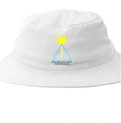 A white hat with a sun and triangle on it.