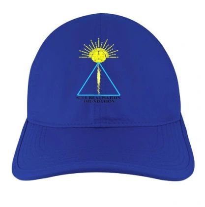 A blue hat with an image of the sun and a triangle.